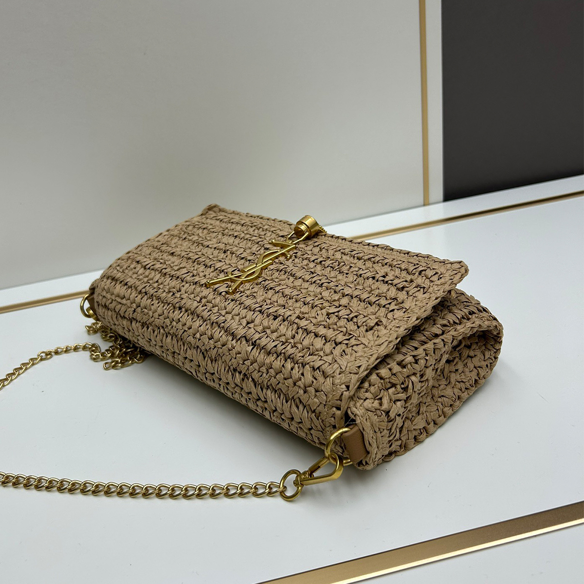 Saint Laurent Kate 99 Shoulder Bag Dark Nude Raffia