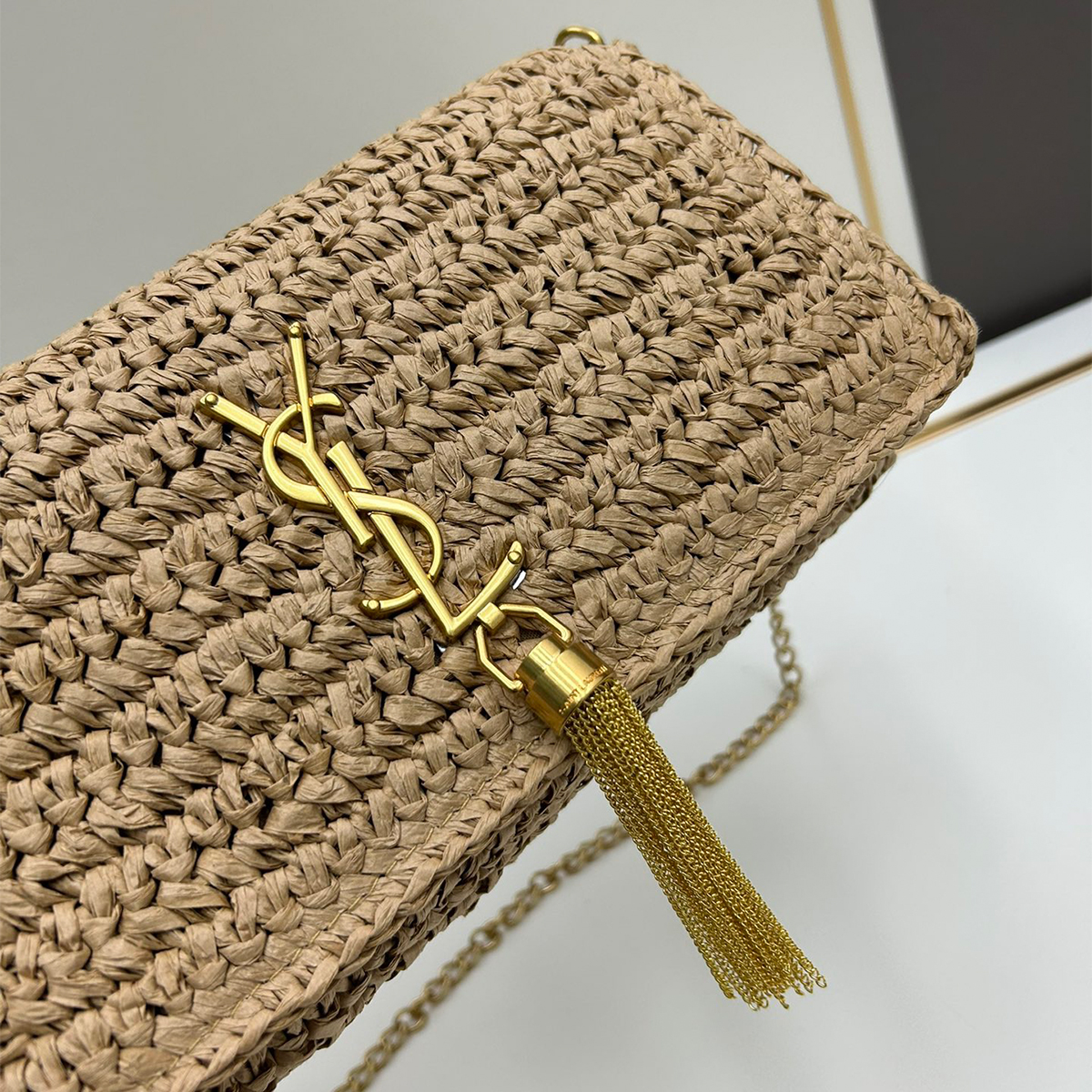 Saint Laurent Kate 99 Shoulder Bag Dark Nude Raffia