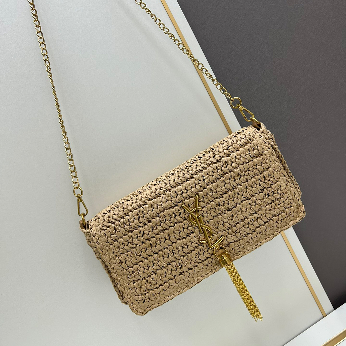 Saint Laurent Kate 99 Shoulder Bag Dark Nude Raffia