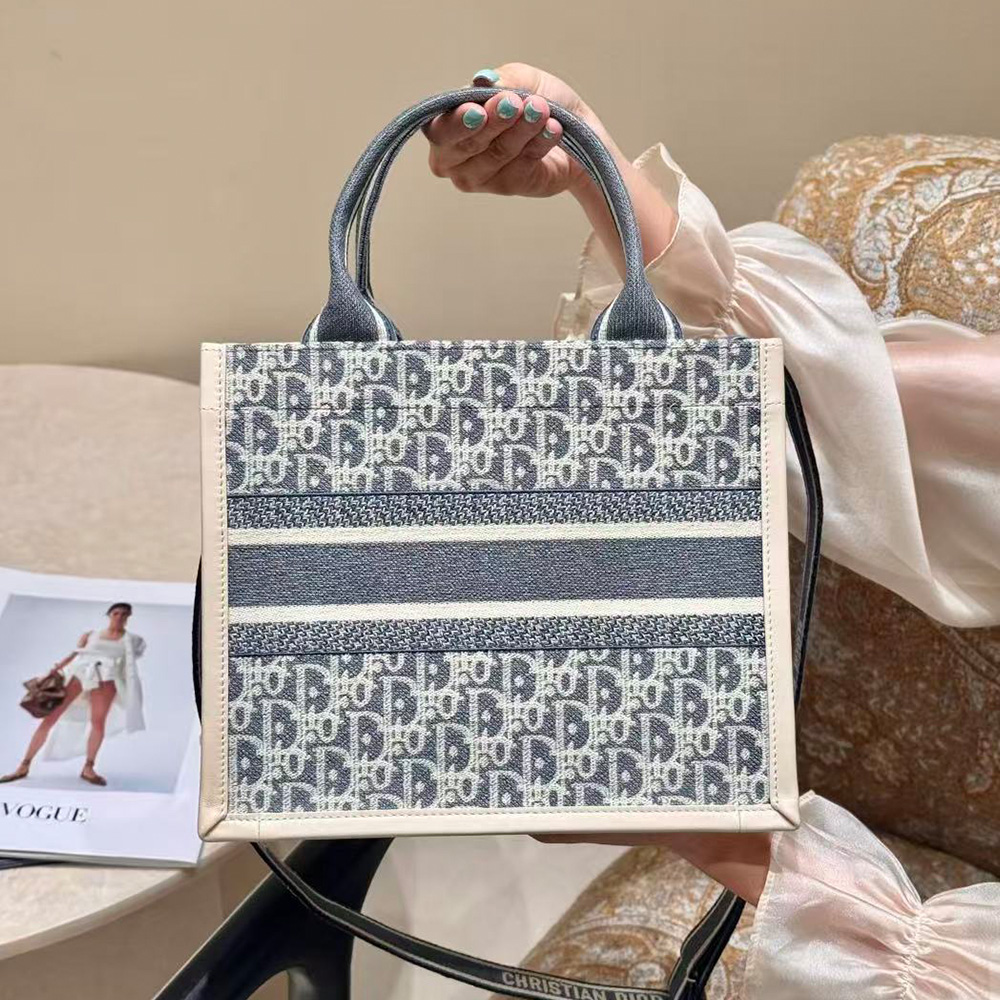 Dior Small Dior Book Tote Blue Dior Oblique Chambray Embroidery and Latte Calfskin