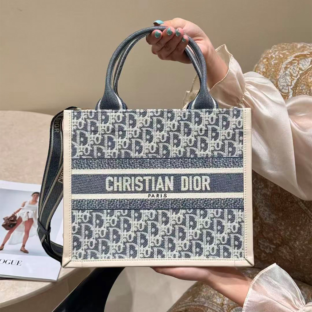 Dior Small Dior Book Tote Blue Dior Oblique Chambray Embroidery and Latte Calfskin