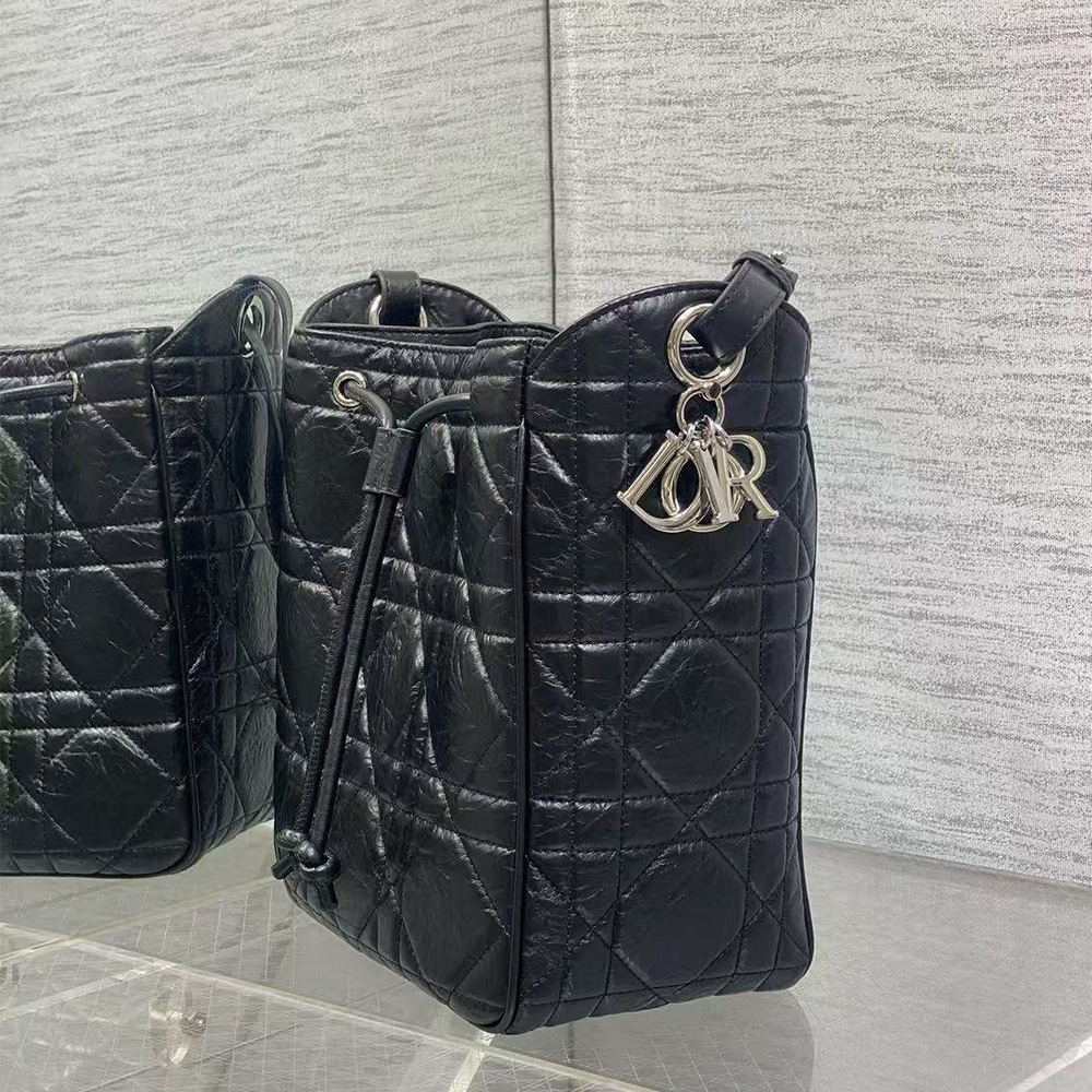 Dior Medium D-Motion Bag Black Macrocannage Crinkled Calfskin