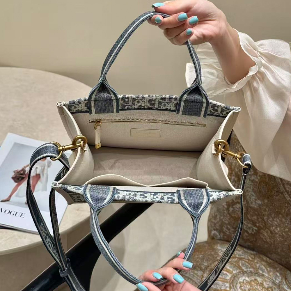 Dior Small Dior Book Tote Blue Dior Oblique Chambray Embroidery and Latte Calfskin
