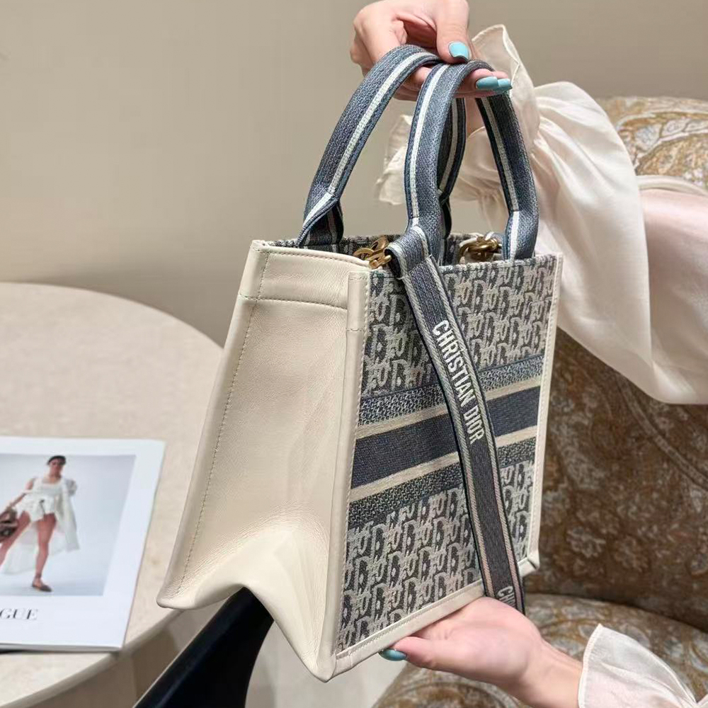 Dior Small Dior Book Tote Blue Dior Oblique Chambray Embroidery and Latte Calfskin
