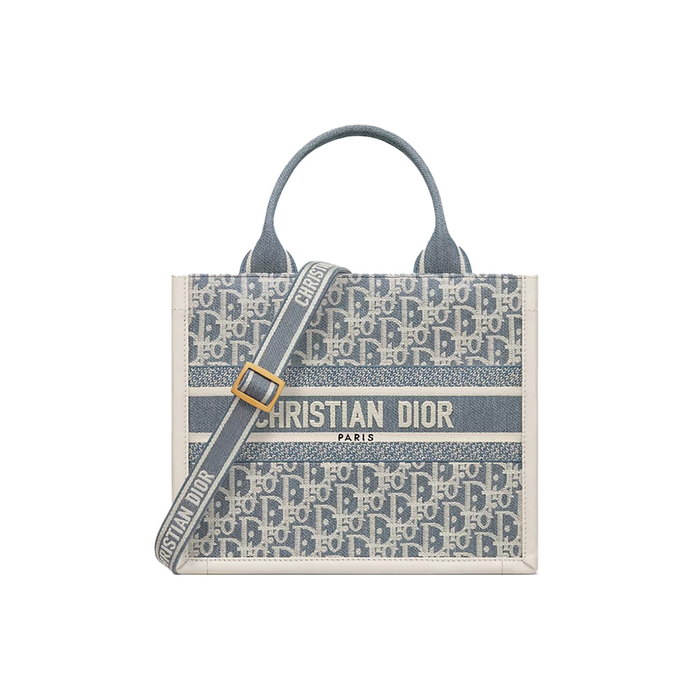 Dior Small Dior Book Tote Blue Dior Oblique Chambray Embroidery and Latte Calfskin