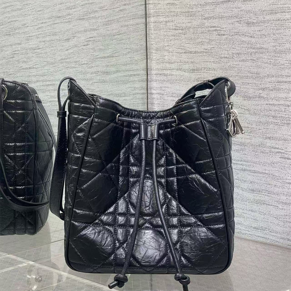 Dior Medium D-Motion Bag Black Macrocannage Crinkled Calfskin