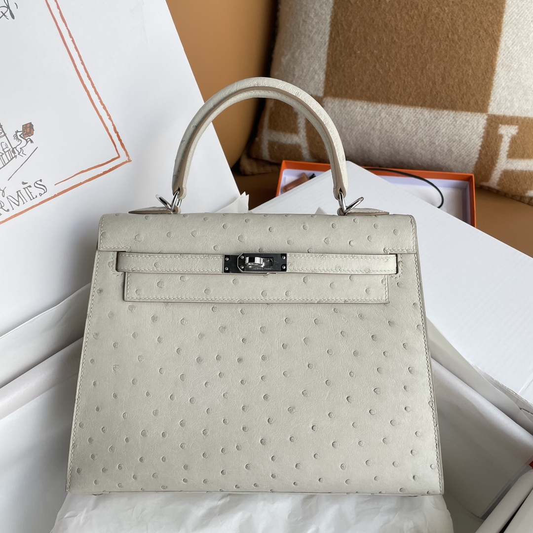 Kelly 25/28/32cm South African KK Ostrich Leather, Premium Fully Handcrafted Exclusive Custom –pearl-gray - Jinteng Luxury Collection bags