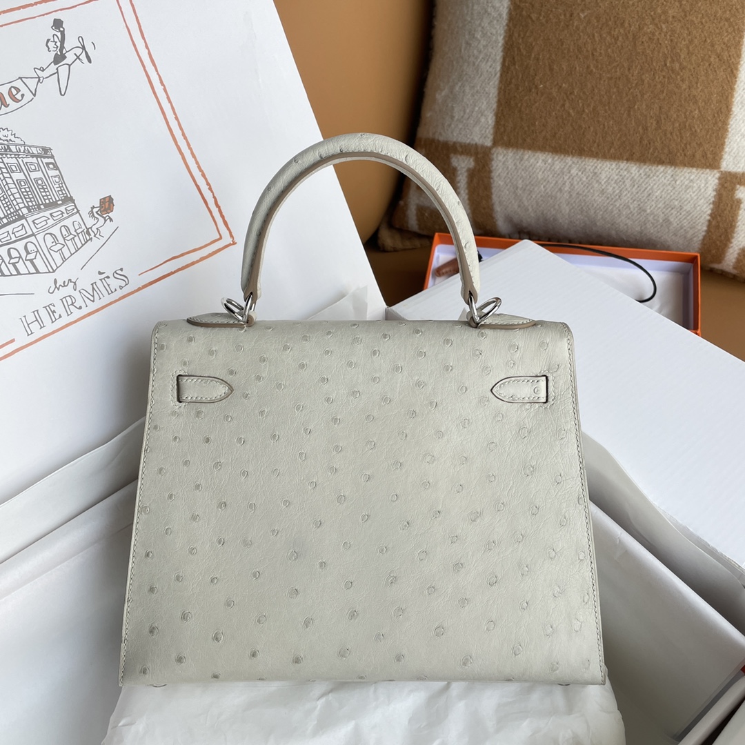Kelly 25/28/32cm South African KK Ostrich Leather, Premium Fully Handcrafted Exclusive Custom –pearl-gray - Jinteng Luxury Collection bags