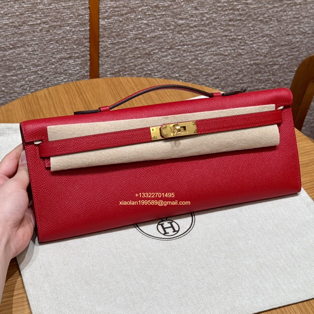 Hermès Kelly Cut Clutch in Bright Red, made from original French-imported Epsom leather. Premium fully handcrafted exclusive customization. - Jinteng Luxury Collection bags