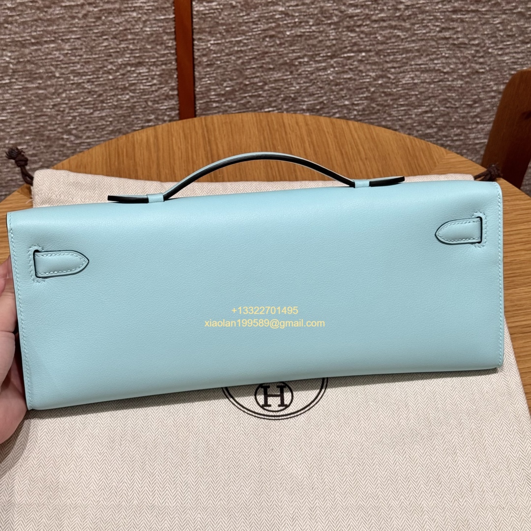 Hermès Kelly Cut Clutch in Breeze Blue, made from original French-imported Swift leather. Premium fully handcrafted exclusive customization. - Jinteng Luxury Collection bags