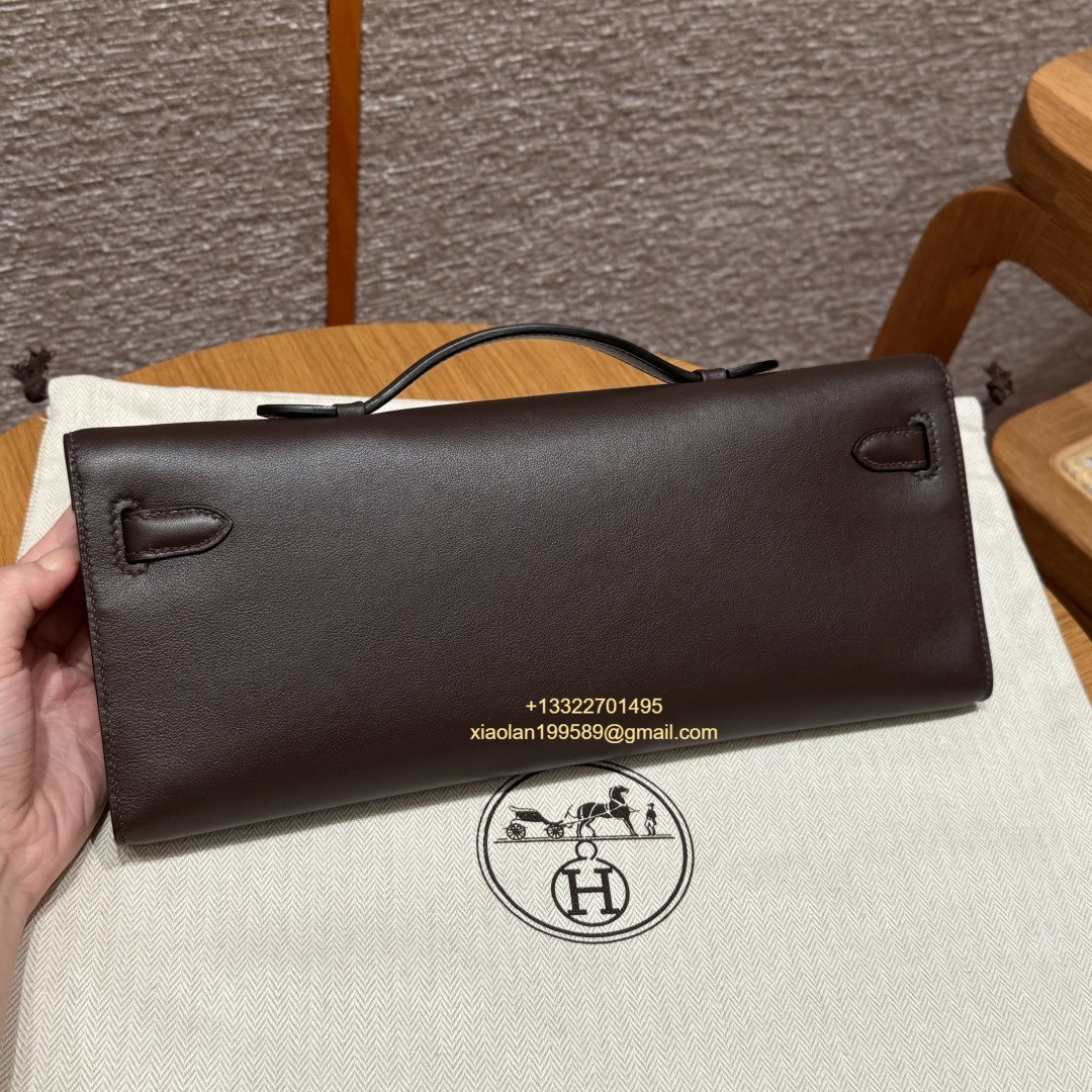 Hermès Kelly Cut Clutch in Chocolate, made from original French-imported Swift leather. Premium fully handcrafted exclusive customization. - Jinteng Luxury Collection bags