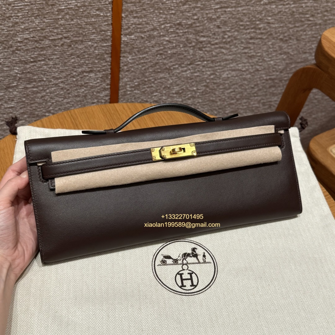 Hermès Kelly Cut Clutch in Chocolate, made from original French-imported Swift leather. Premium fully handcrafted exclusive customization. - Jinteng Luxury Collection bags