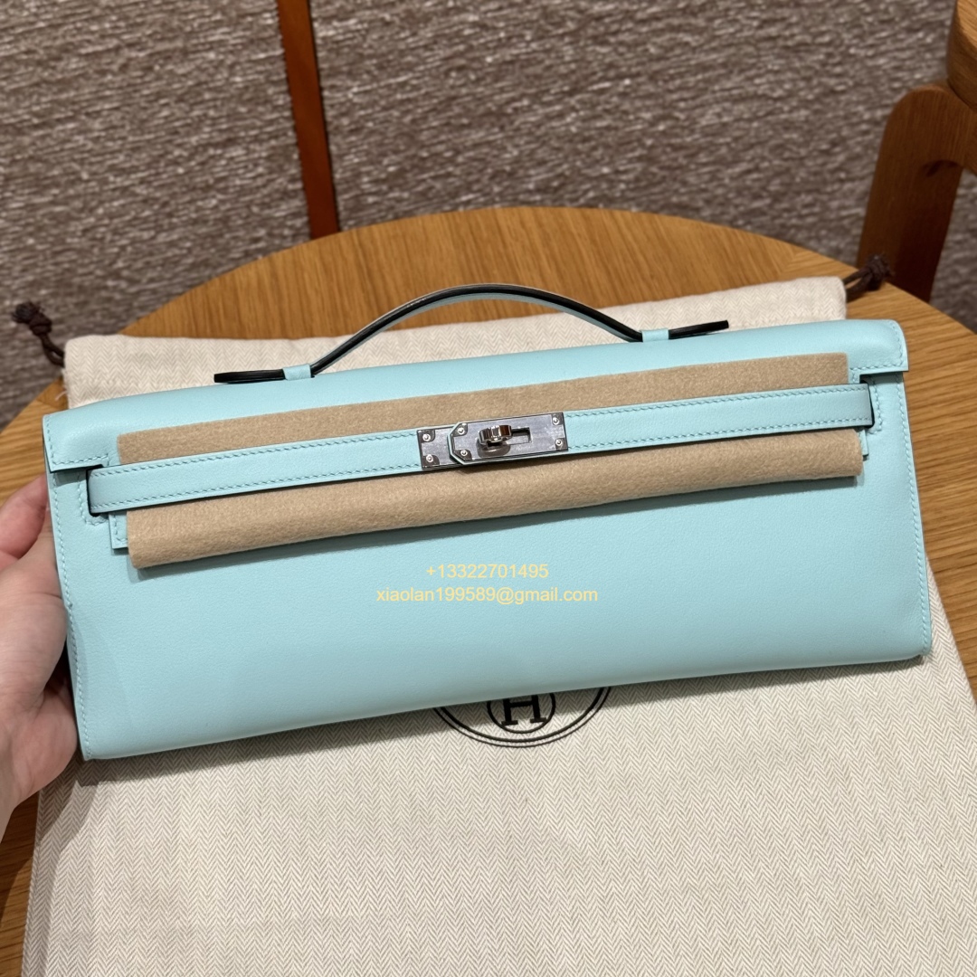 Hermès Kelly Cut Clutch in Breeze Blue, made from original French-imported Swift leather. Premium fully handcrafted exclusive customization. - Jinteng Luxury Collection bags