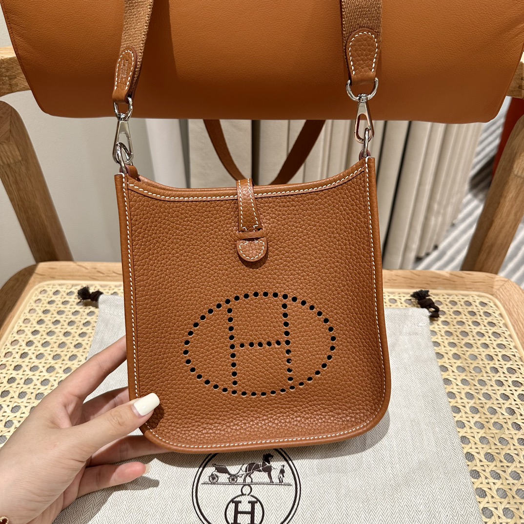 Hermès Evelyne mini Bag in Clemence Leather, Premium Handcrafted Customization-Gold Brown - Jinteng Luxury Collection bags