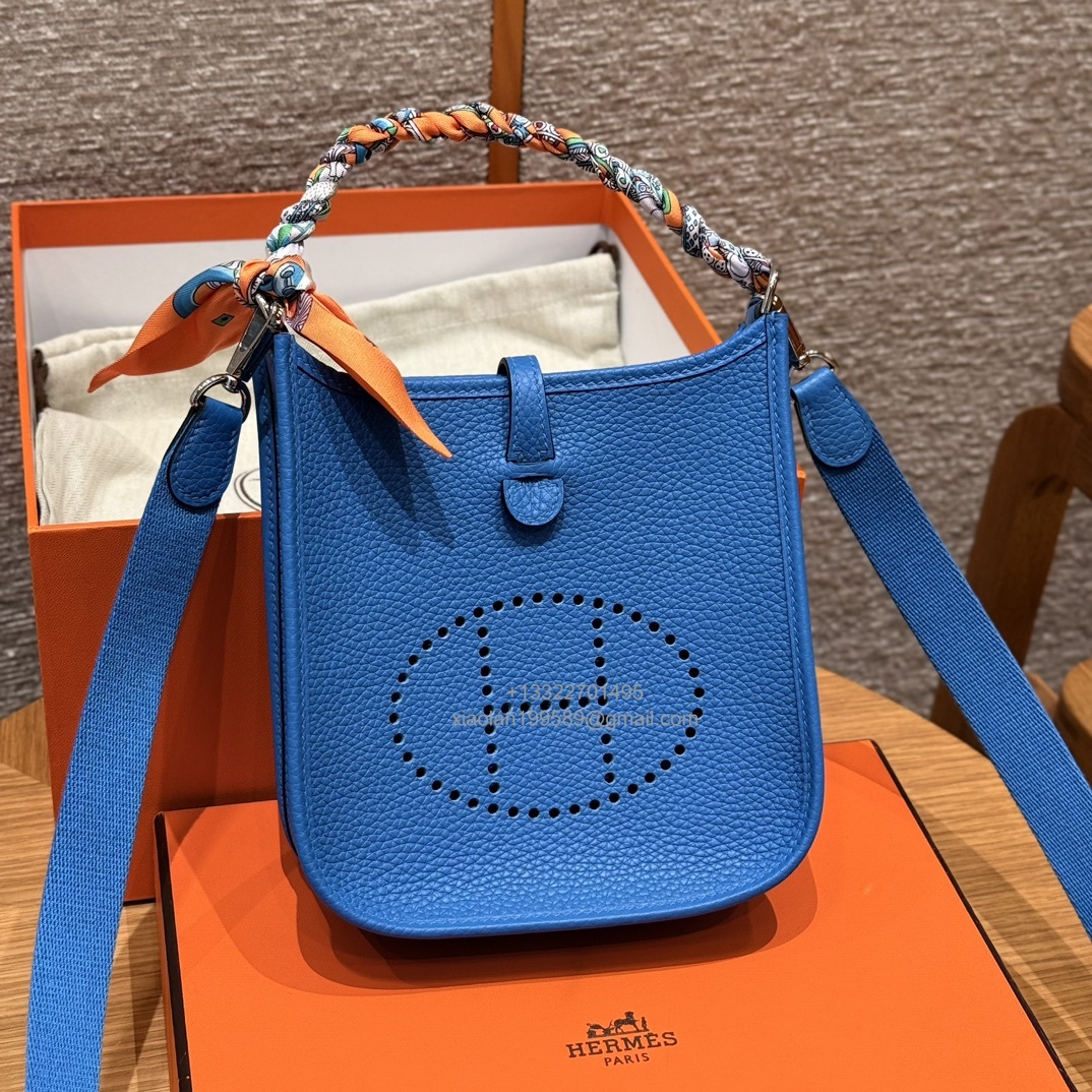 Hermès Evelyne mini Bag in Clemence Leather, Premium Handcrafted Customization-Blue zelige - Jinteng Luxury Collection bags