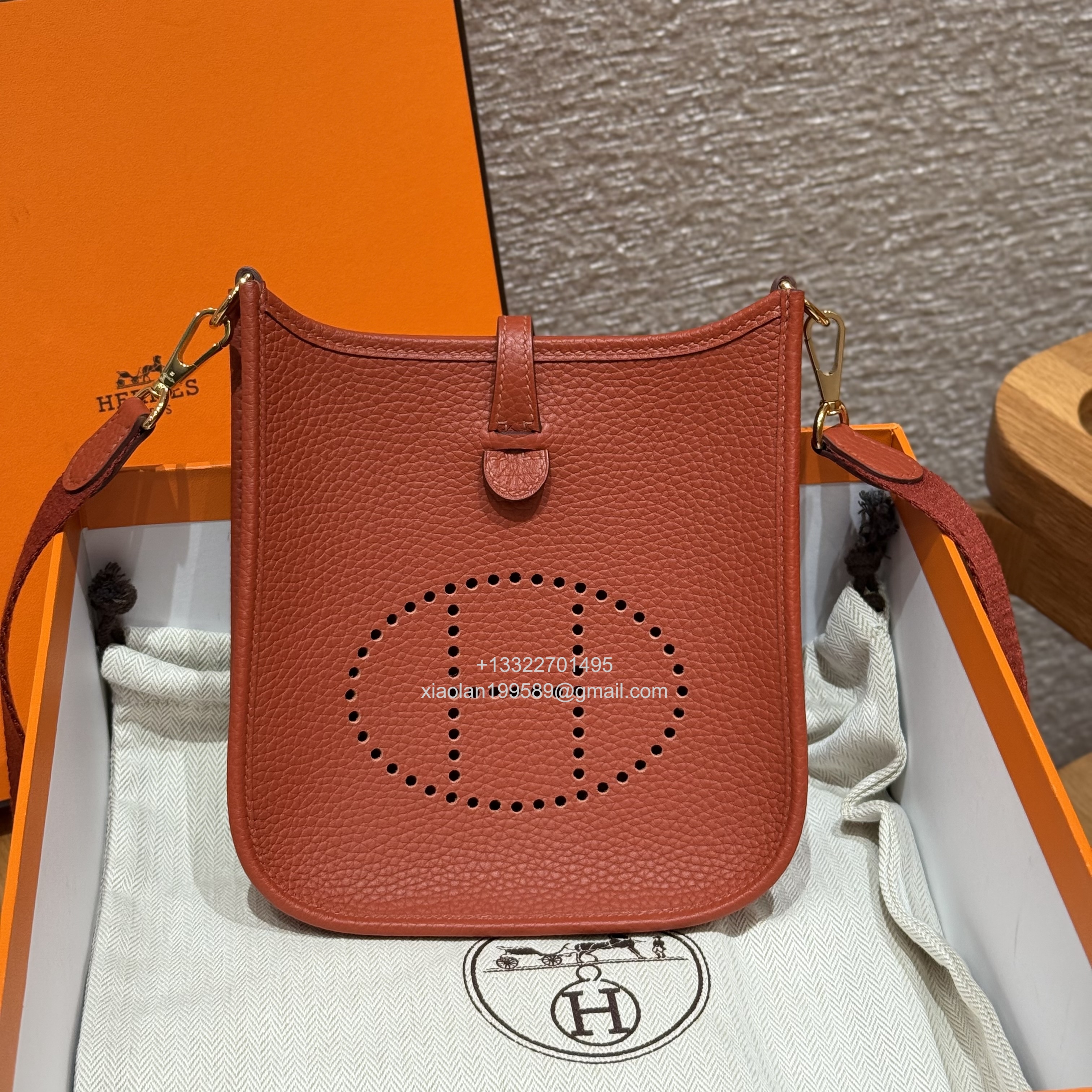 Hermès Evelyne mini Bag in Clemence Leather, Premium Handcrafted Customization-Brique - Jinteng Luxury Collection bags