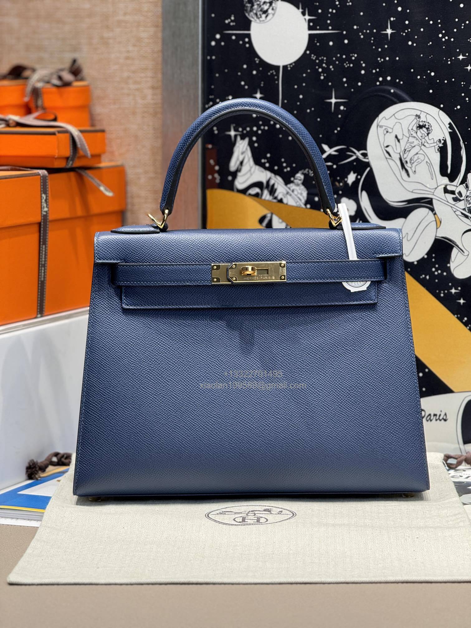 Hermès Kelly Handbag in Deep Blue Epsom Cowhide Leather, Purely Handcrafted, High-End Customization Edition - Jinteng Luxury Collection bags