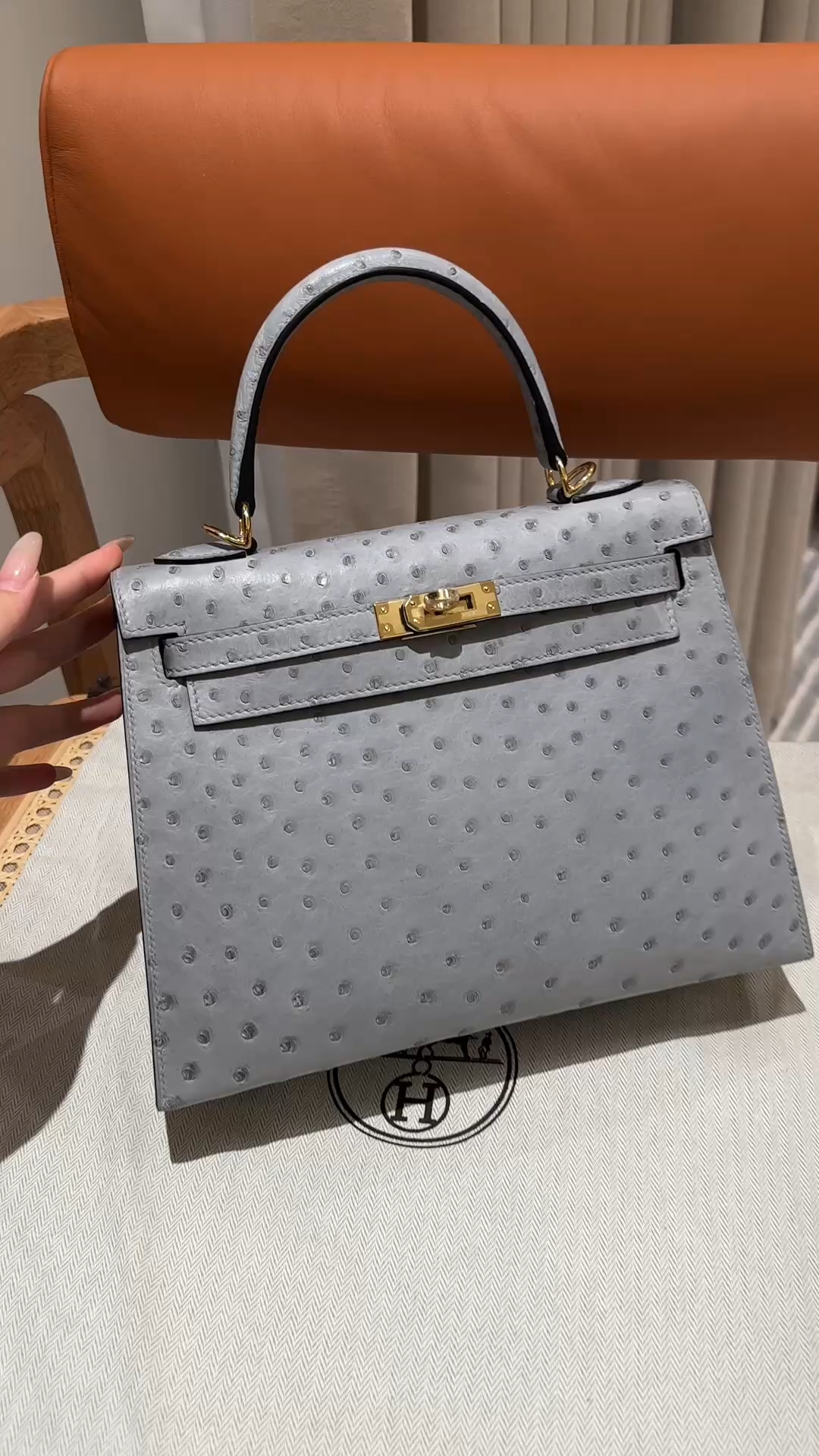 Kelly 25/28/32cm South African KK Ostrich Leather, Premium Fully Handcrafted Exclusive Custom –Blue glacier - Jinteng Luxury Collection bags