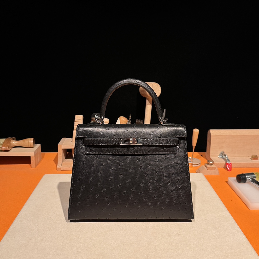 Kelly 25/28/32cm South African KK Ostrich Leather, Premium Fully Handcrafted Exclusive Custom –Black - Jinteng Luxury Collection bags