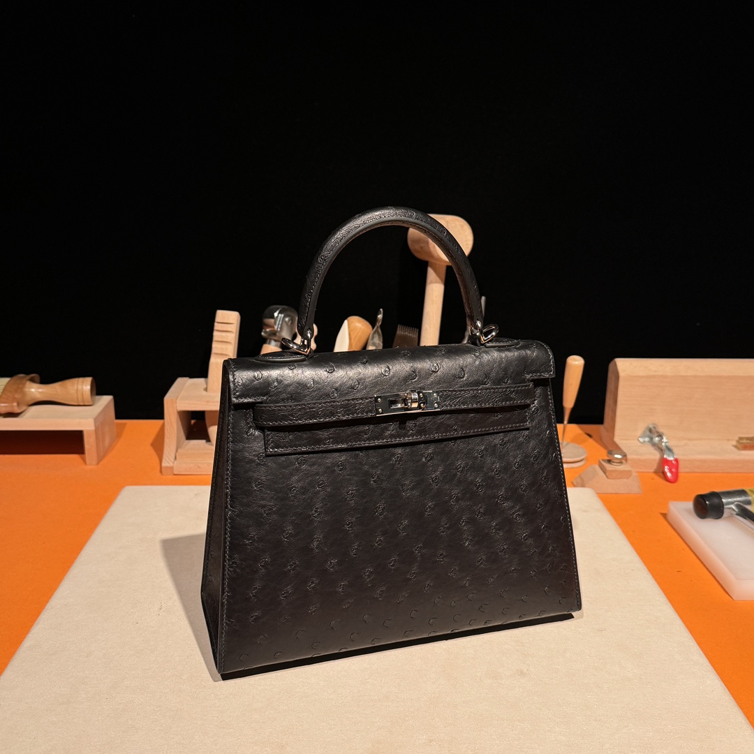 Kelly 25/28/32cm South African KK Ostrich Leather, Premium Fully Handcrafted Exclusive Custom –Black - Jinteng Luxury Collection bags