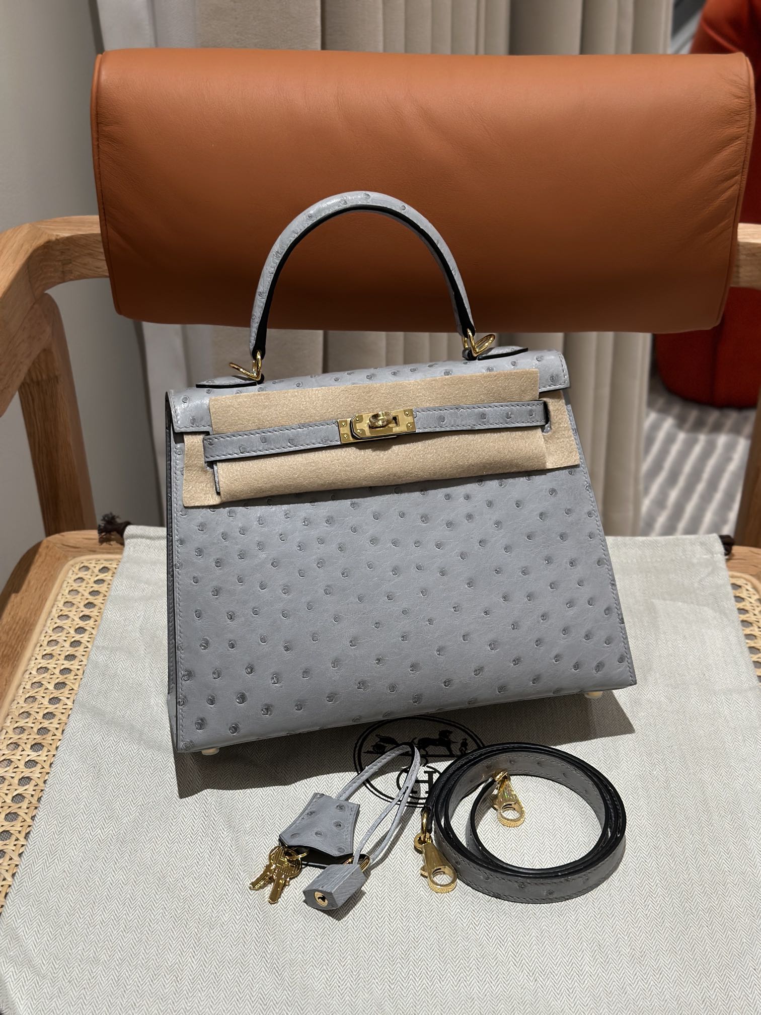 Kelly 25/28/32cm South African KK Ostrich Leather, Premium Fully Handcrafted Exclusive Custom –Blue glacier - Jinteng Luxury Collection bags