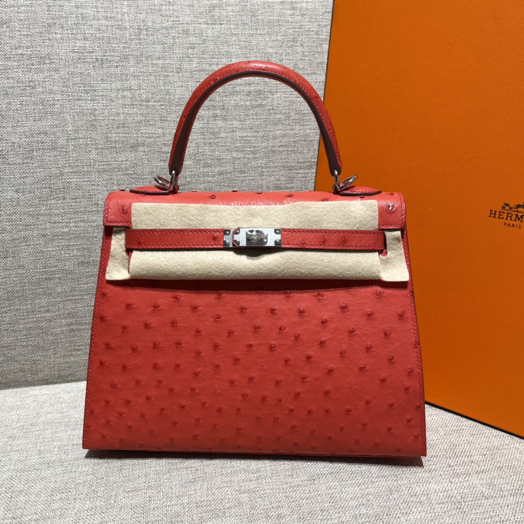 Kelly 25/28/32cm South African KK Ostrich Leather, Premium Fully Handcrafted Exclusive Custom –Flag Red - Jinteng Luxury Collection bags