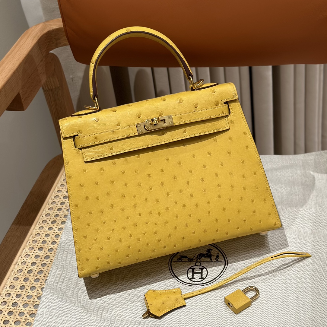 Kelly 25/28/32cm South African KK Ostrich Leather, Premium Fully Handcrafted Exclusive Custom –Jaune De Naples - Jinteng Luxury Collection bags