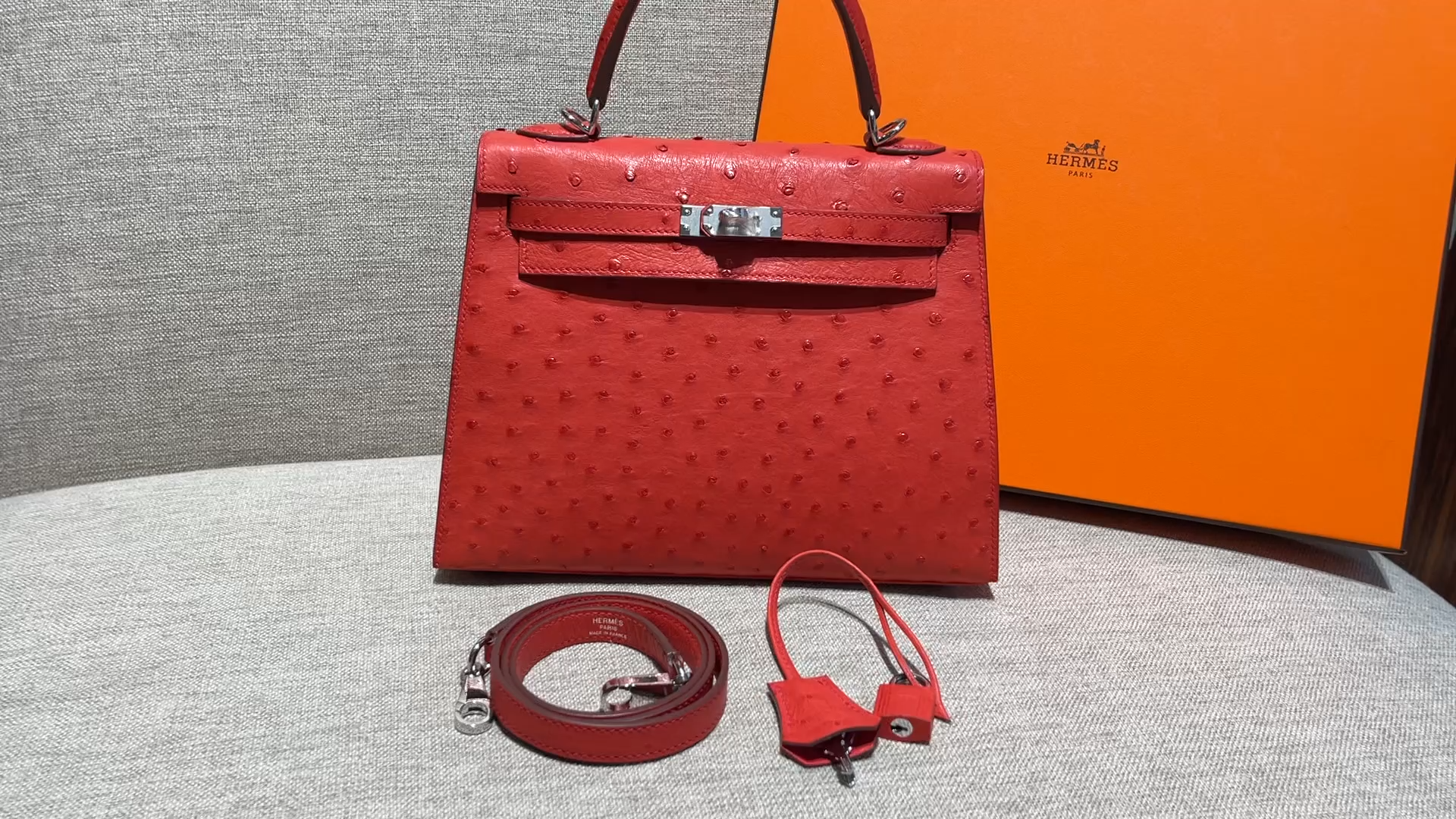 Kelly 25/28/32cm South African KK Ostrich Leather, Premium Fully Handcrafted Exclusive Custom –Flag Red - Jinteng Luxury Collection bags