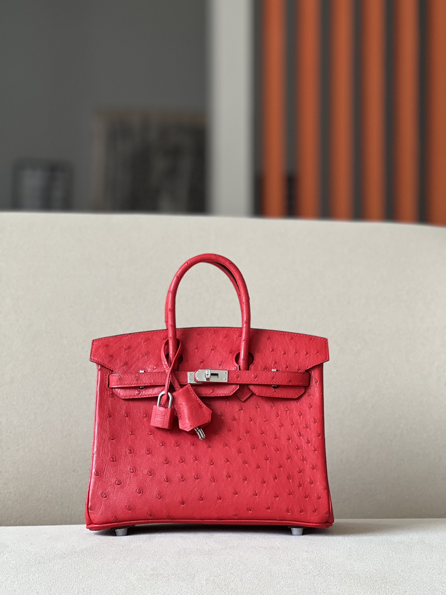 Birkin 25/30/35cm South African KK Ostrich Leather, Premium Fully Handcrafted Exclusive Custom –Ferrari Red - Jinteng Luxury Collection bags