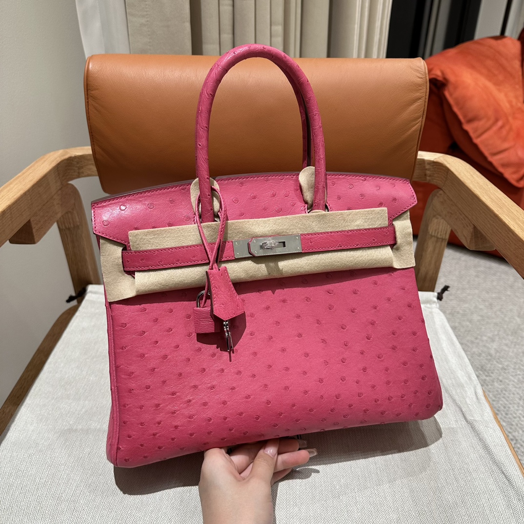Birkin 25/30/35cm South African KK Ostrich Leather, Premium Fully Handcrafted Exclusive Custom –5J/Fuschia - Jinteng Luxury Collection bags