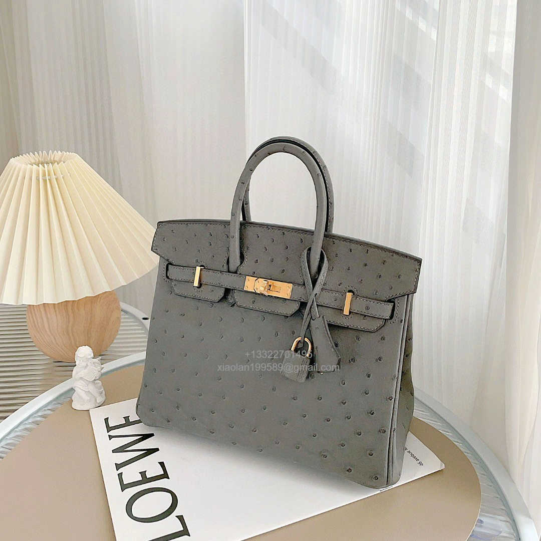 Birkin 25/30/35cm South African KK Ostrich Leather, Premium Fully Handcrafted Exclusive Custom –Nata Grey - Jinteng Luxury Collection bags