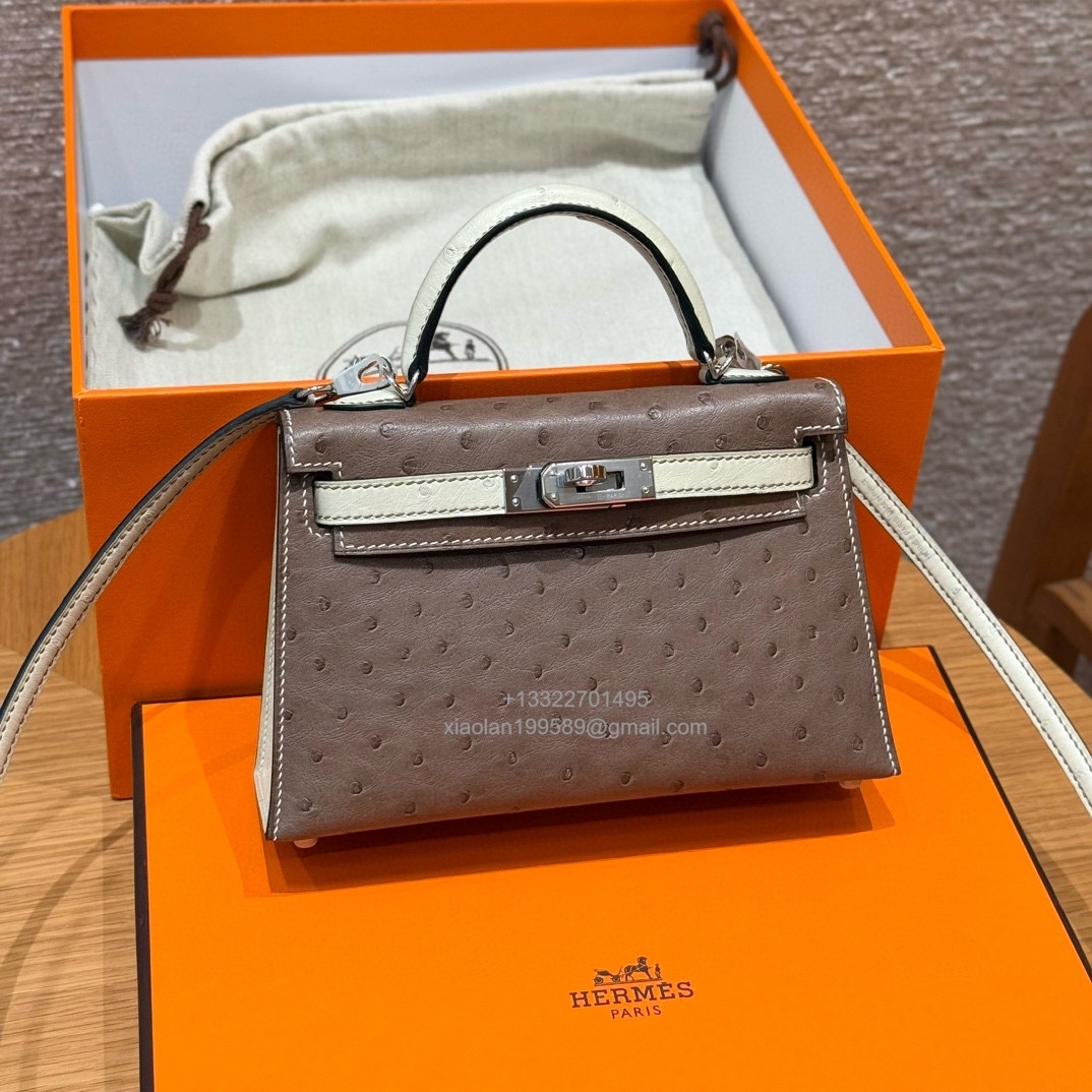 Hermès Mini Kelly Sellier II 20 in Ostrich Leather 81/Girs tourtelle and 8L/Beton - Jinteng Luxury Collection bags