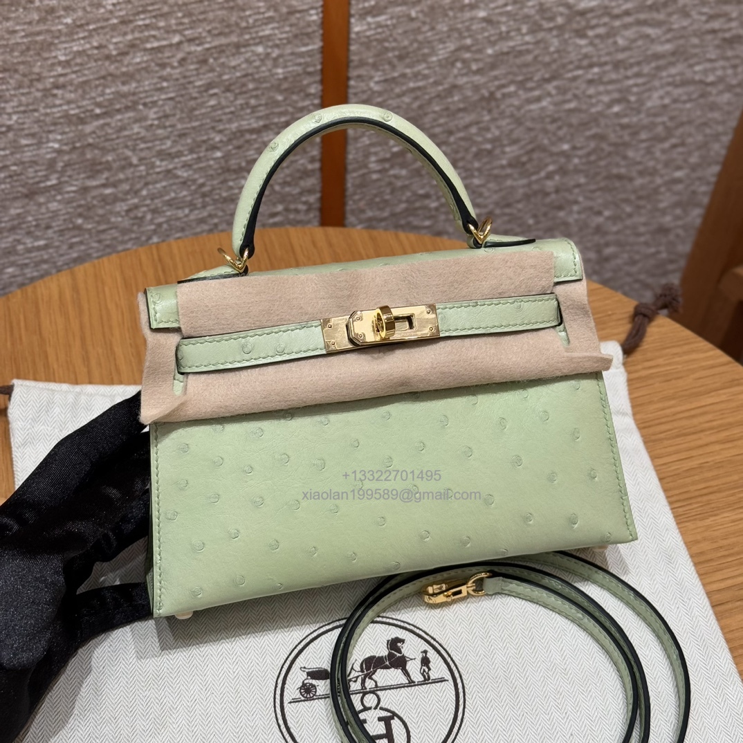 Hermès Mini Kelly Sellier II 20 in Ostrich Leather 3i/Vert Criquet - Jinteng Luxury Collection bags