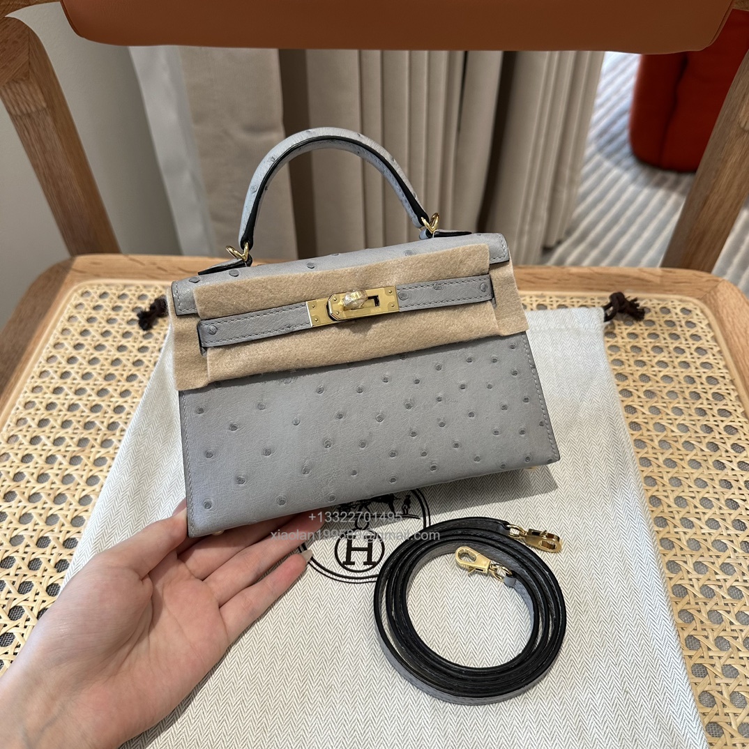 Hermès Mini Kelly Sellier II 20 in Ostrich Leather 8U/Blue glacier - Jinteng Luxury Collection bags