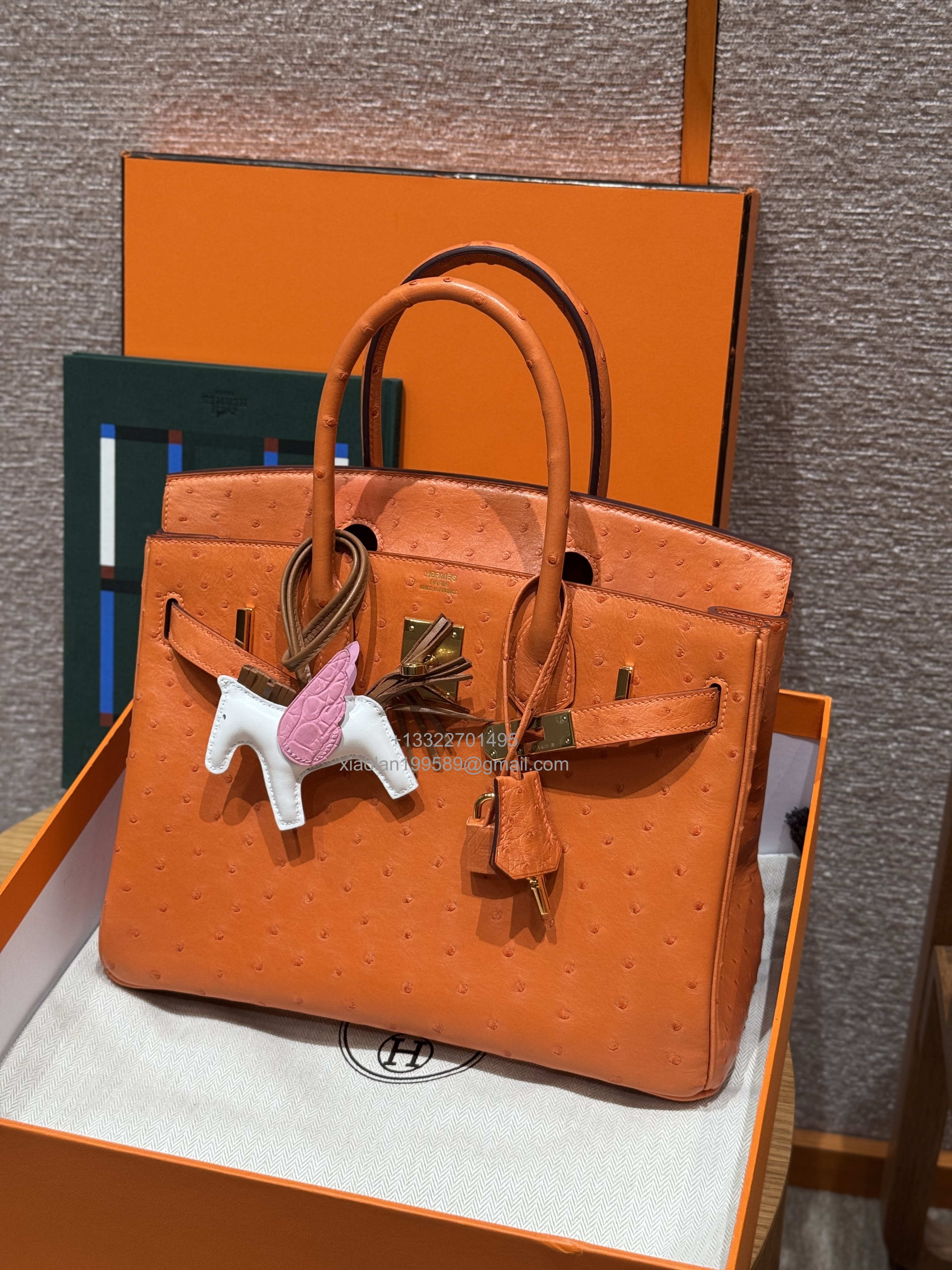 Birkin 25/30/35cm South African KK Ostrich Leather, Premium Fully Handcrafted Exclusive Custom –Orange - Jinteng Luxury Collection bags