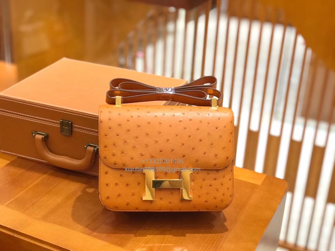 Hermès Constance 18/24 in Ostrich Leather, Premium Fully Handmade Exclusive Customization –Gold Brown - Jinteng Luxury Collection bags
