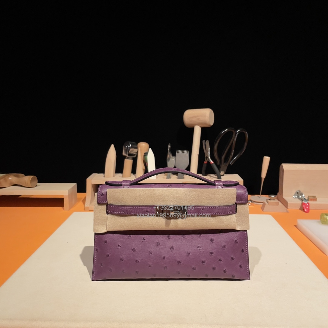 Hermès Kelly Pochette Clutch Bag, South African KK ostrich leather, fully handmade haute couture – Anemone Purple - Jinteng Luxury Collection bags