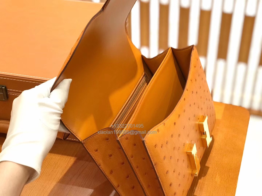 Hermès Constance 18/24 in Ostrich Leather, Premium Fully Handmade Exclusive Customization –Gold Brown - Jinteng Luxury Collection bags