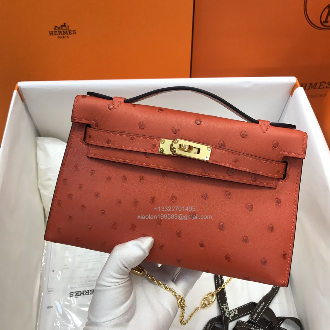 Hermès Kelly Pochette Clutch Bag, South African KK ostrich leather, fully handmade haute couture – Chinese Red - Jinteng Luxury Collection bags