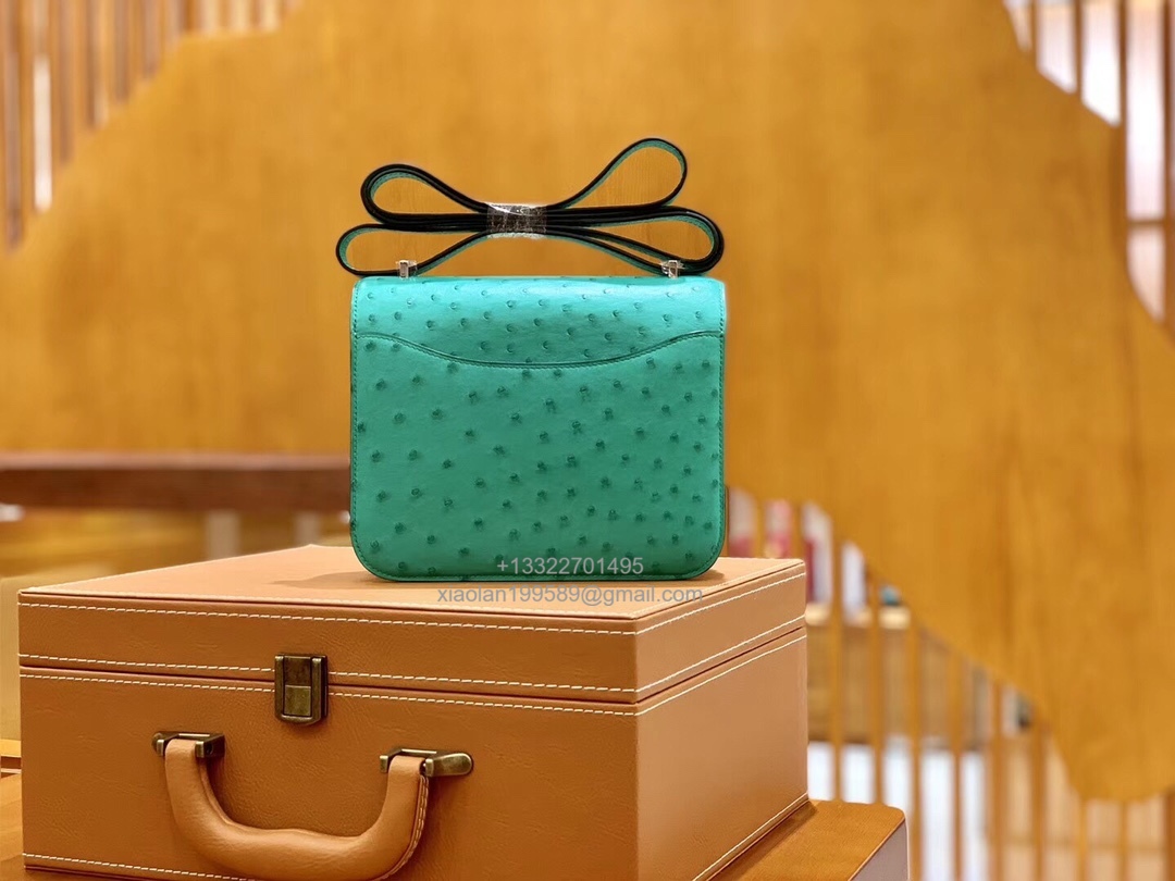 Hermès Constance 18/24 in Ostrich Leather, Premium Fully Handmade Exclusive Customization –Lagoon Green - Jinteng Luxury Collection bags