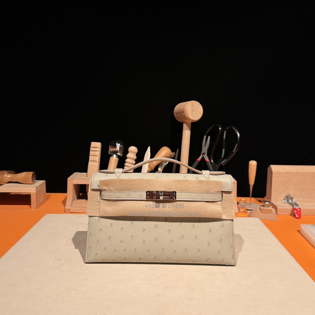 Hermès Kelly Pochette Clutch Bag, South African KK ostrich leather, fully handmade haute couture – Pearl Grey - Jinteng Luxury Collection bags