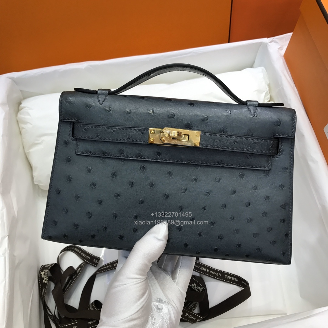 Hermès Kelly Pochette Clutch Bag, South African KK ostrich leather, fully handmade haute couture – Black - Jinteng Luxury Collection bags