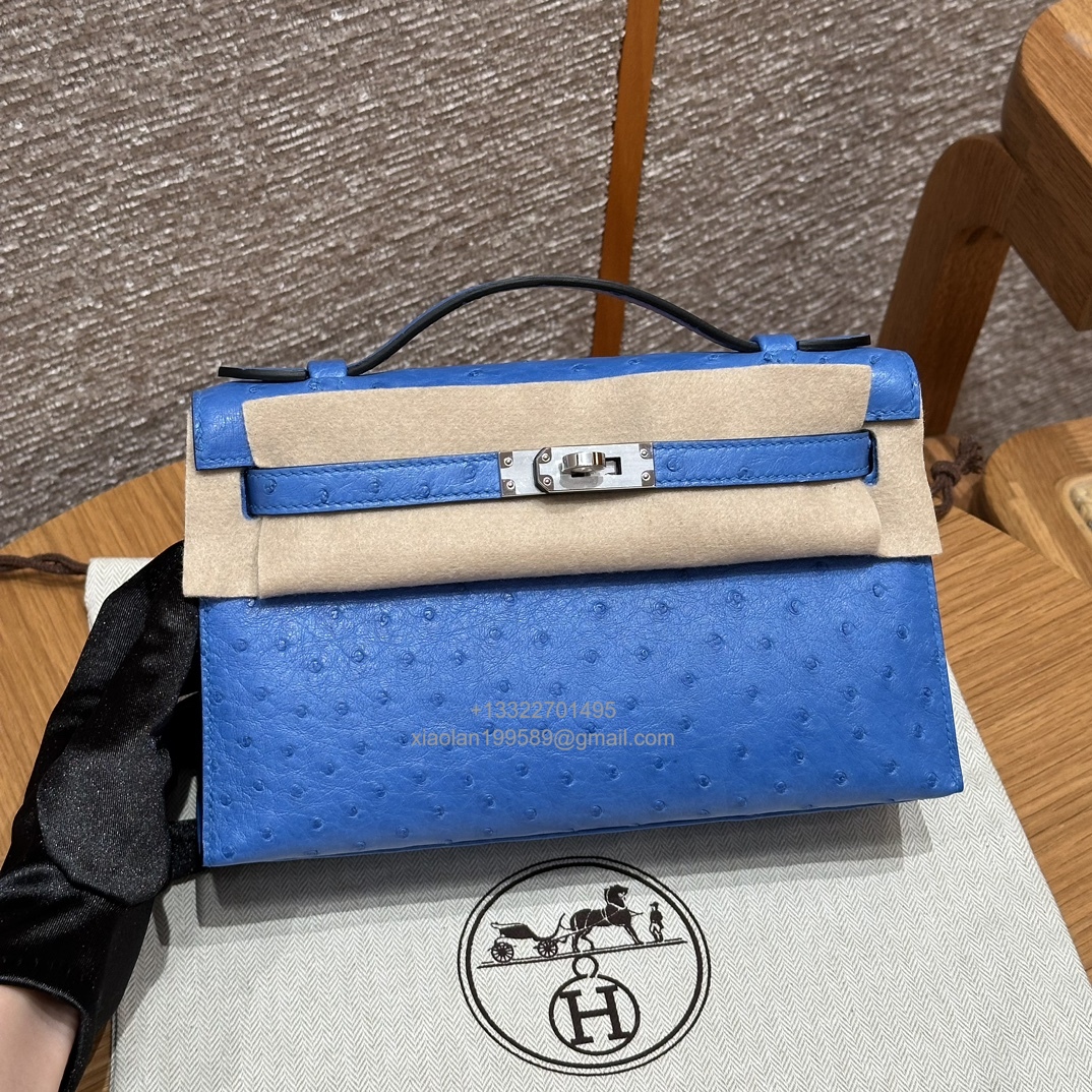 Hermès Kelly Pochette Clutch Bag, South African KK ostrich leather, fully handmade haute couture – O7/Bleuet - Jinteng Luxury Collection bags