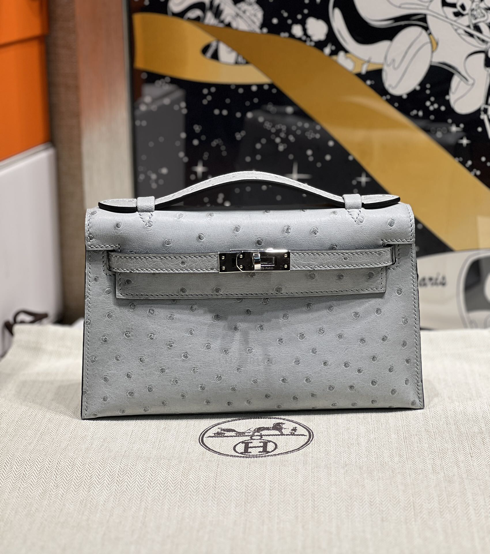 Hermès Kelly Pochette Clutch Bag, South African KK ostrich leather, fully handmade haute couture – Glacier Blue - Jinteng Luxury Collection bags