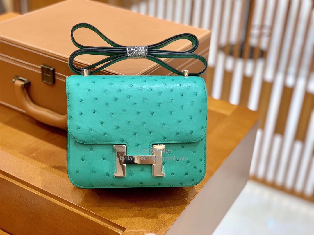 Hermès Constance 18/24 in Ostrich Leather, Premium Fully Handmade Exclusive Customization –Lagoon Green - Jinteng Luxury Collection bags