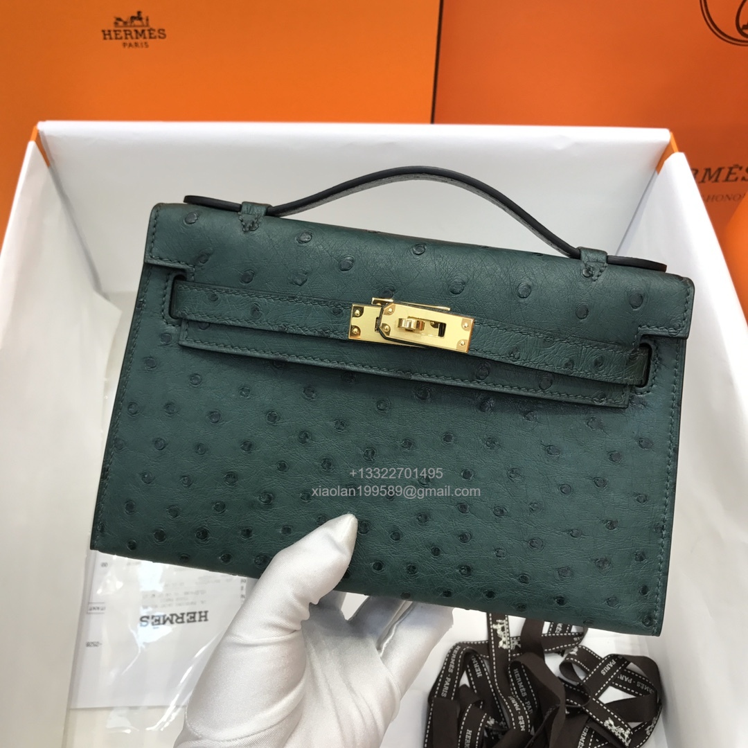 Hermès Kelly Pochette Clutch Bag, South African KK ostrich leather, fully handmade haute couture – Dark Green - Jinteng Luxury Collection bags
