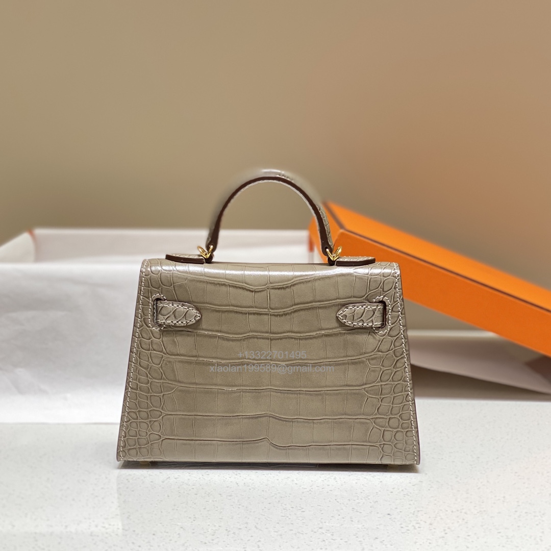 Hermès Mini Kelly in Crocodile Leather, Fully Handmade Premium Private Customization – Etoupe - Jinteng Luxury Collection bags