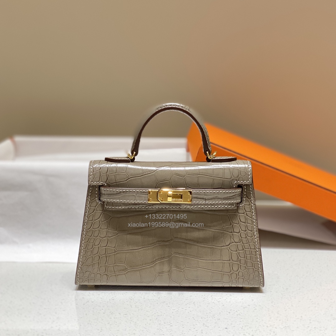 Hermès Mini Kelly in Crocodile Leather, Fully Handmade Premium Private Customization – Etoupe - Jinteng Luxury Collection bags