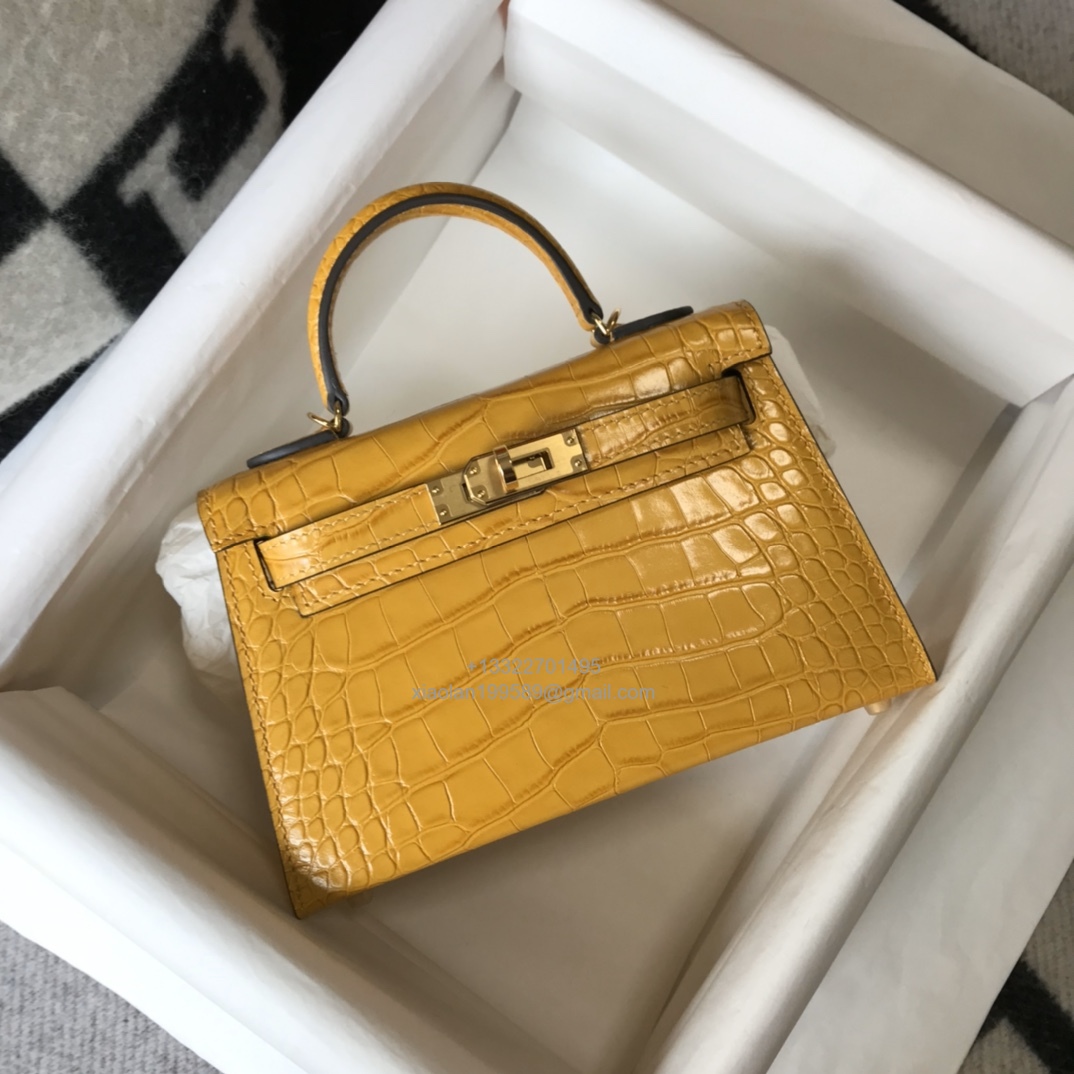 Hermès Mini Kelly in Crocodile Leather, Fully Handmade Premium Private Customization –Amber Yellow - Jinteng Luxury Collection bags