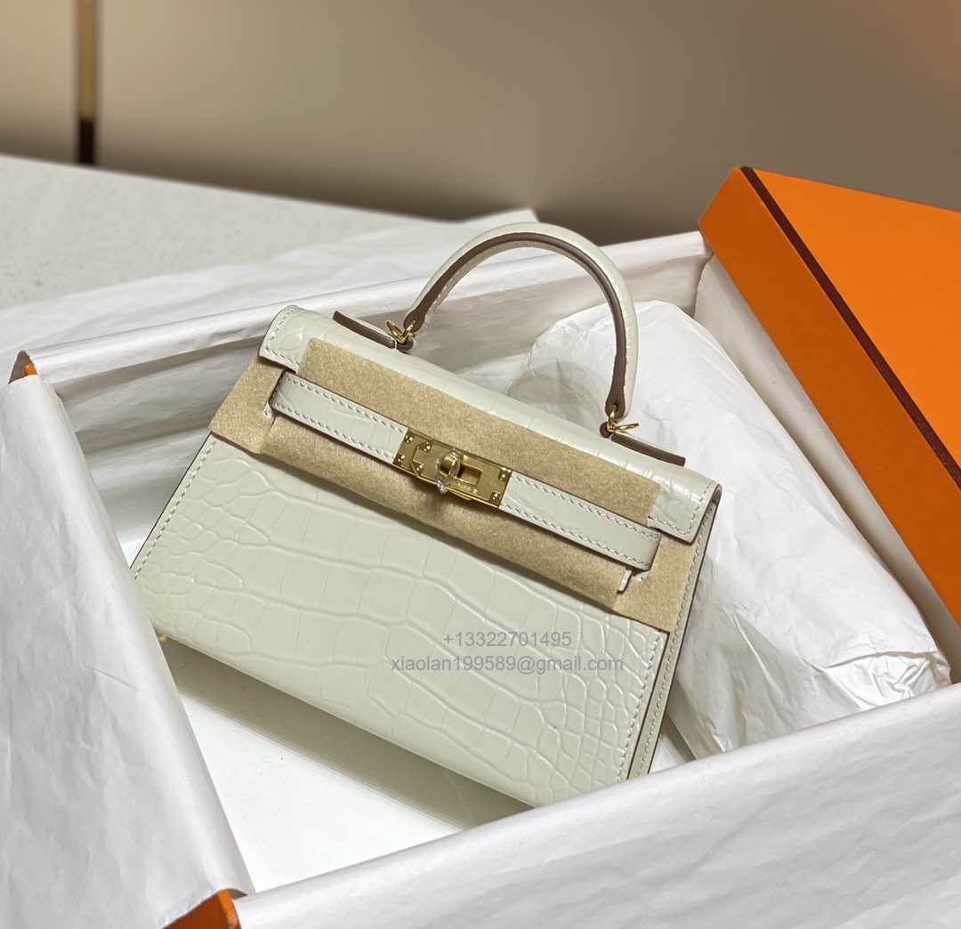 Hermès Mini Kelly in Crocodile Leather, Fully Handmade Premium Private Customization –Milkshake White - Jinteng Luxury Collection bags